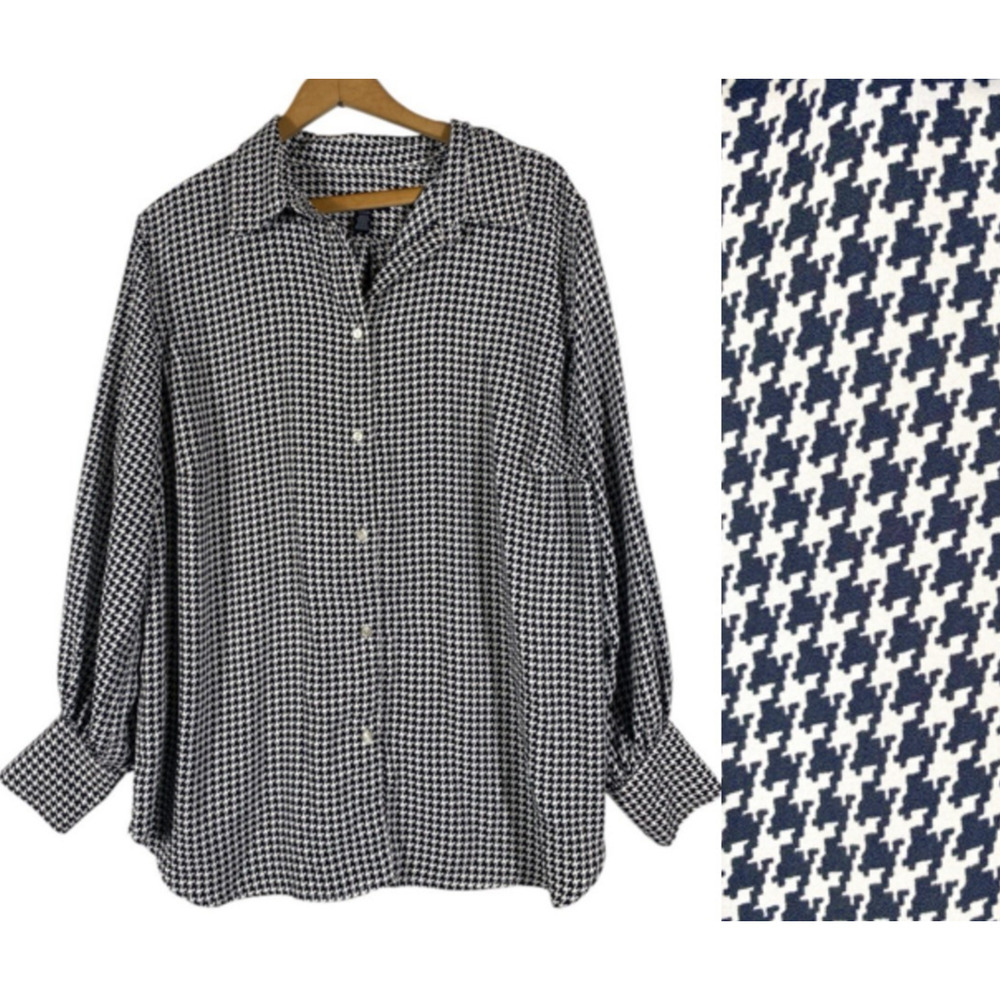 Chaps Ralph Lauren Top Size 1X Houndstooth Blouse Button Up Satin-y Old Money